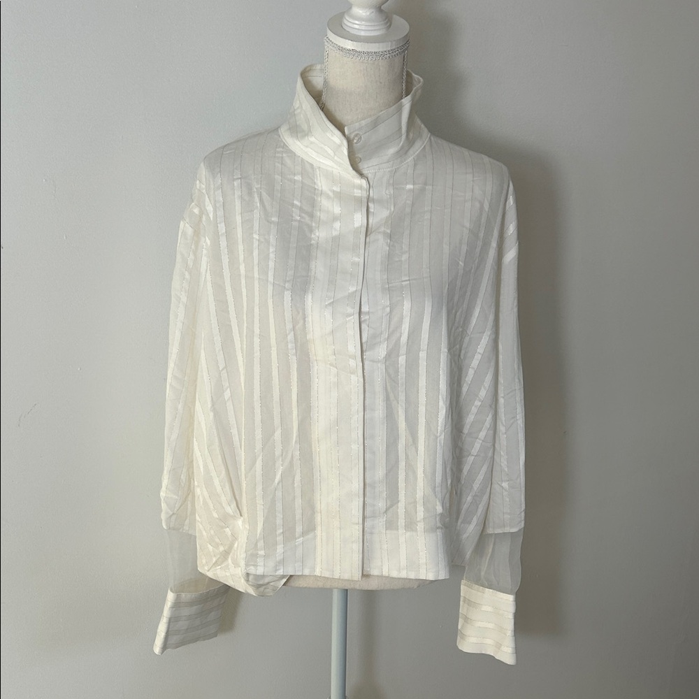 Zara White Striped Button-Up Blouse